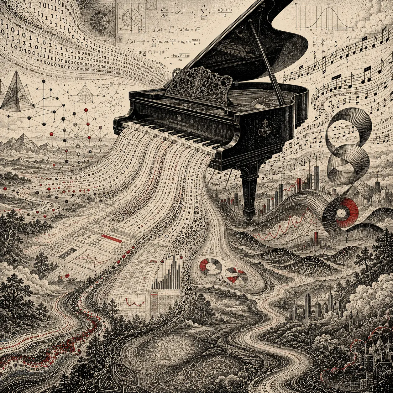Suspended Grand Piano Over Endless Surreal Data Landscape