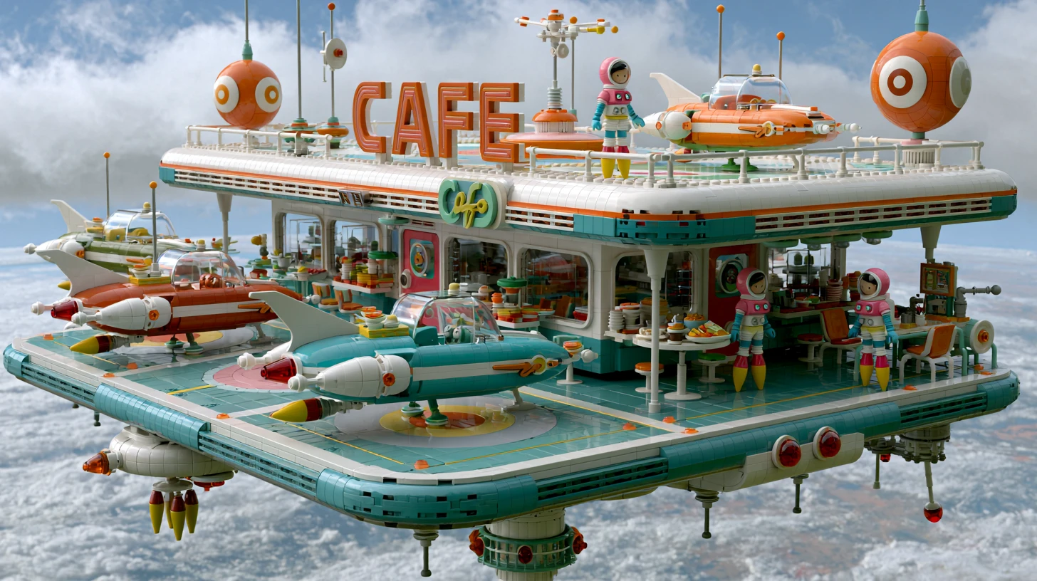 Cafeteria espacial retrô futurista em uma plataforma orbital movimentada