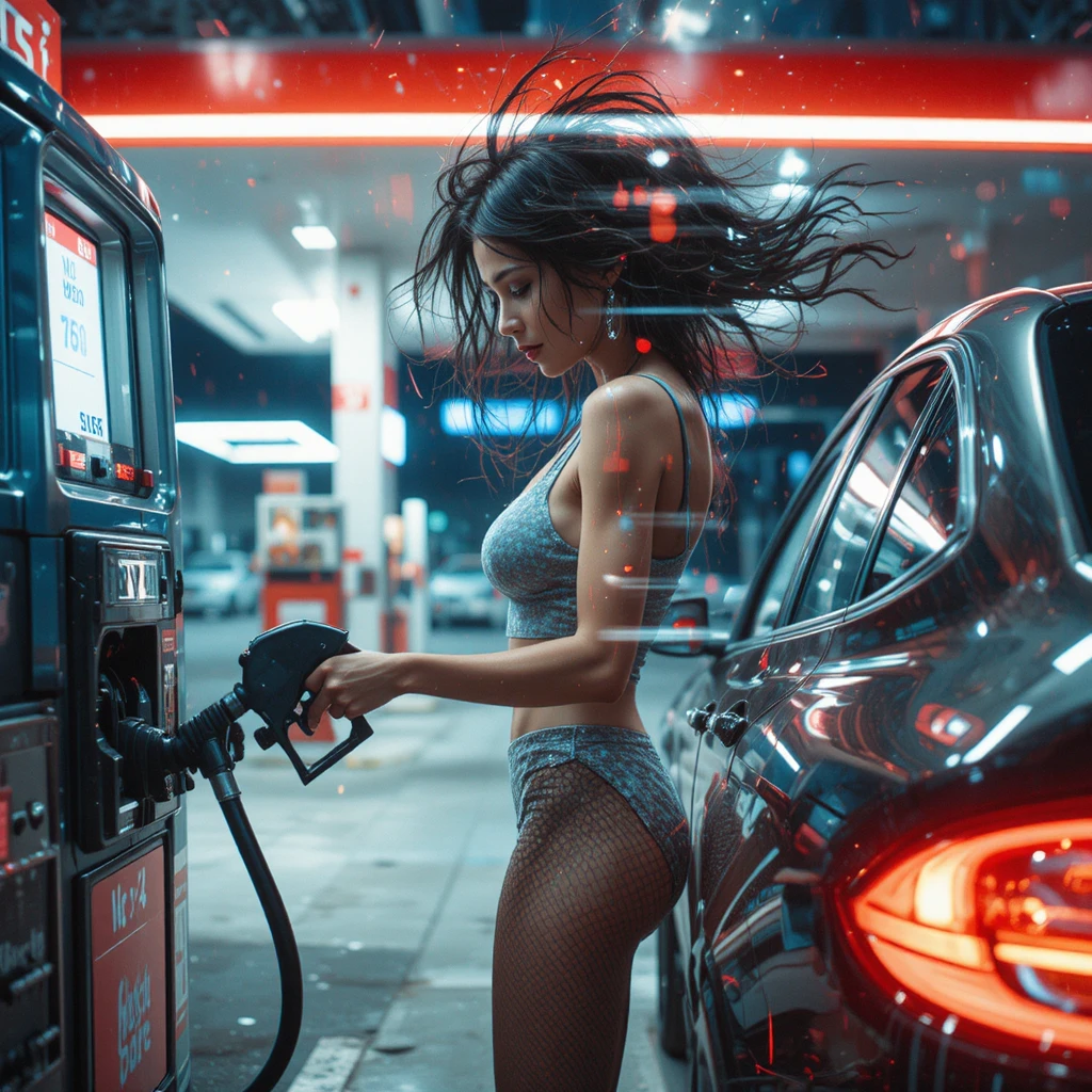 Mujer sci‑fi cargando gasolina a su coche en una gasolinera nocturna