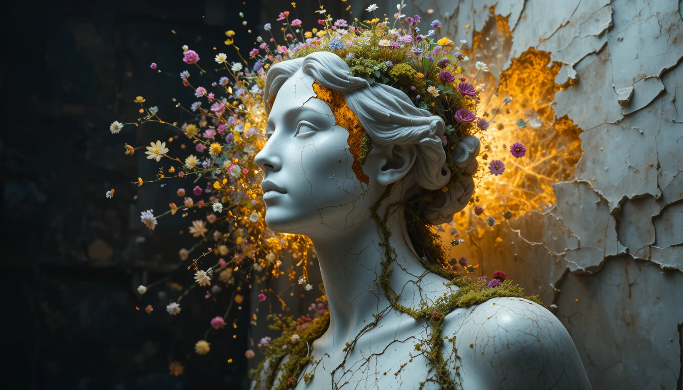 Marble bust cracking open into glowing wildflowers