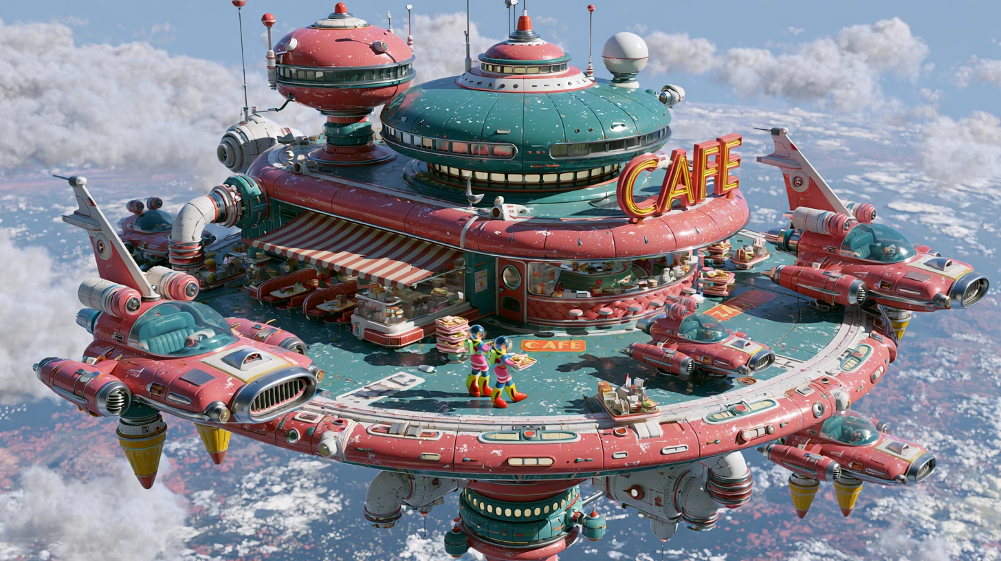 Cafeteria espacial retrô futurista em uma plataforma orbital