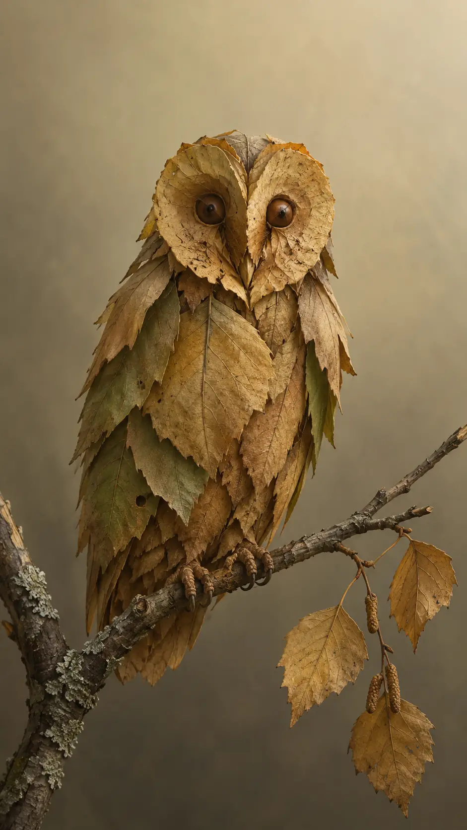 Hibou Formé de Feuilles sur une Branche Forestière Patinée