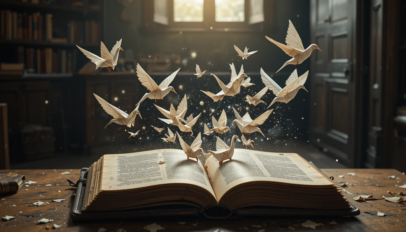 Tsurus de origami transformando-se em andorinhas sobre um livro antigo