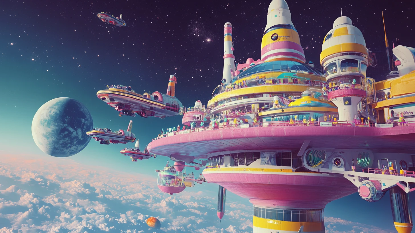 Affollato caffè spaziale retro-futuristico in orbita attorno a un pianeta lontano