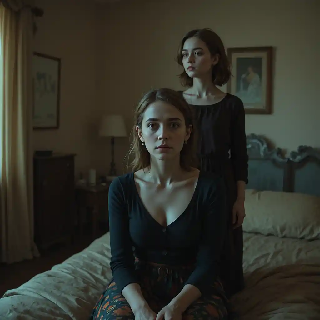 Donna malinconica di fronte al suo io più giovane in una camera da letto in penombra