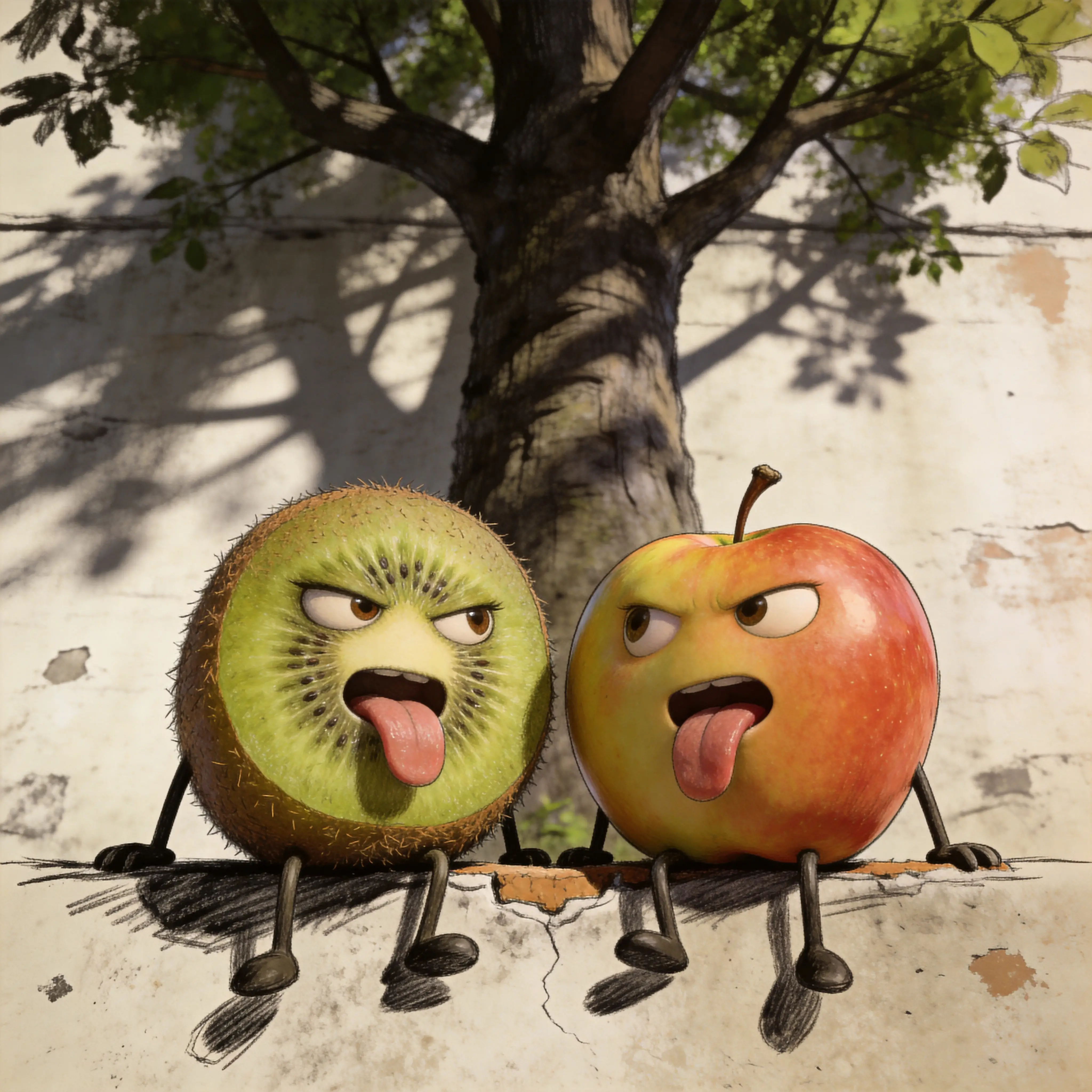 Simpatici personaggi kiwi e mela su un piccolo muretto