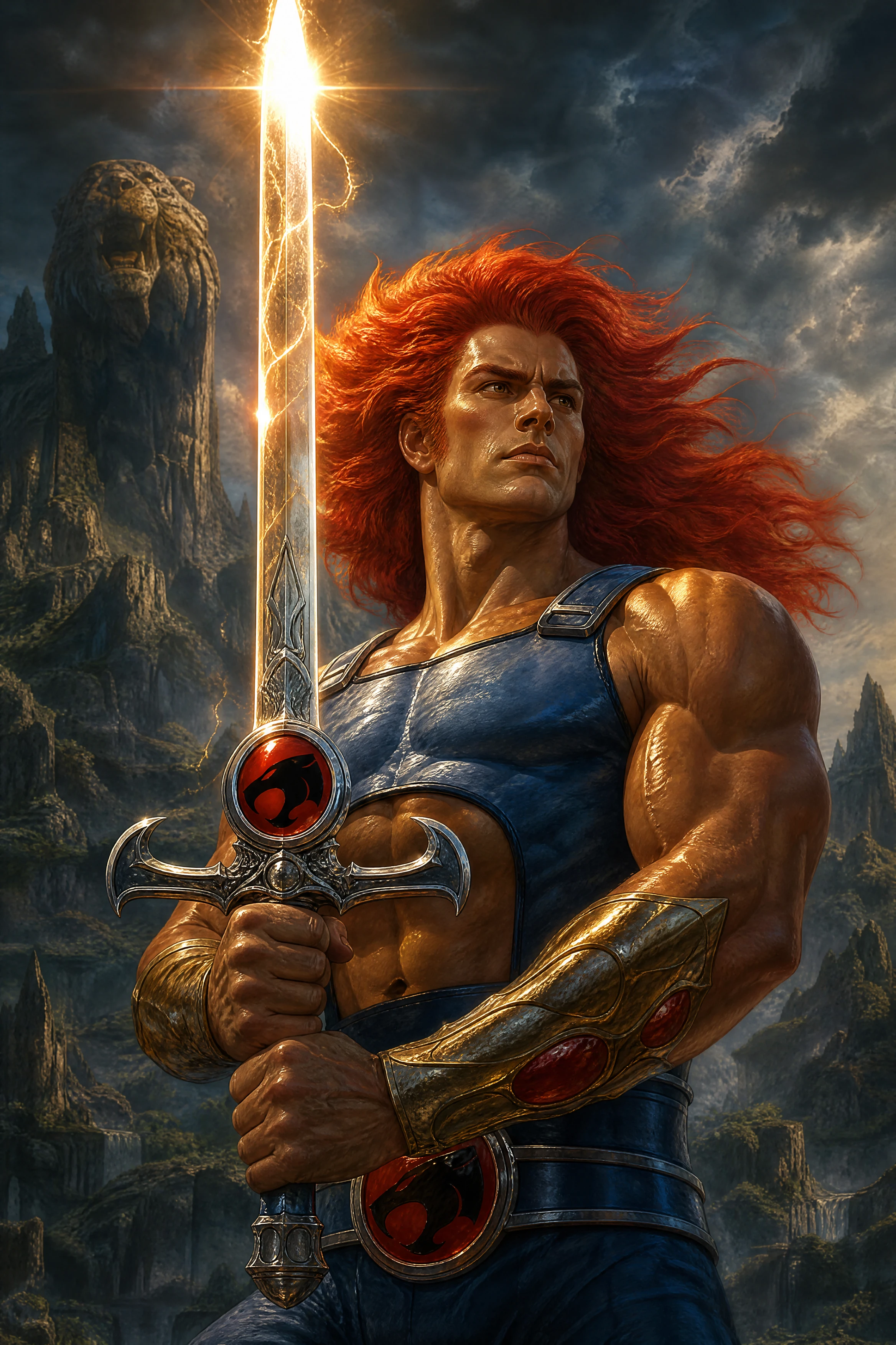 Guerrier héroïque de fantasy brandissant une épée mystique lumineuse