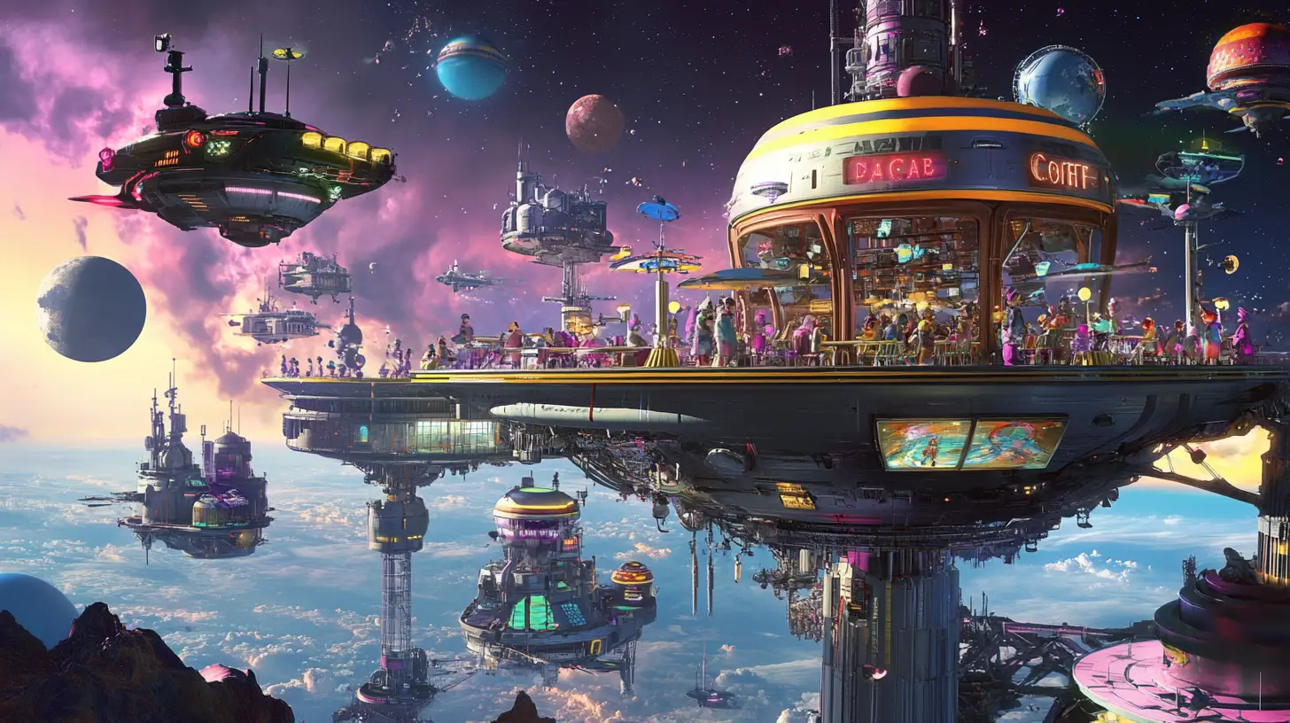Café spatial rétro-futuriste animé en haute orbite planétaire