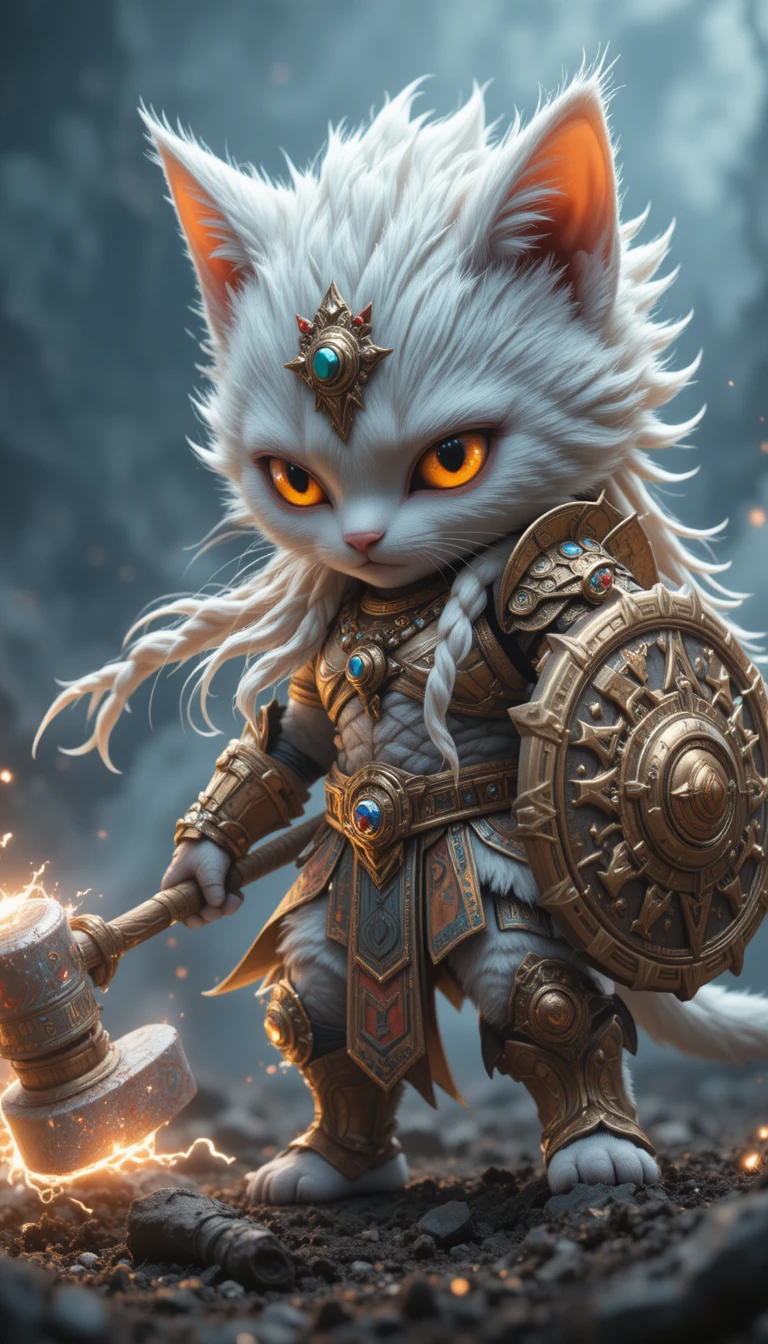 Guerrière féline chibi au marteau de foudre en bataille orageuse