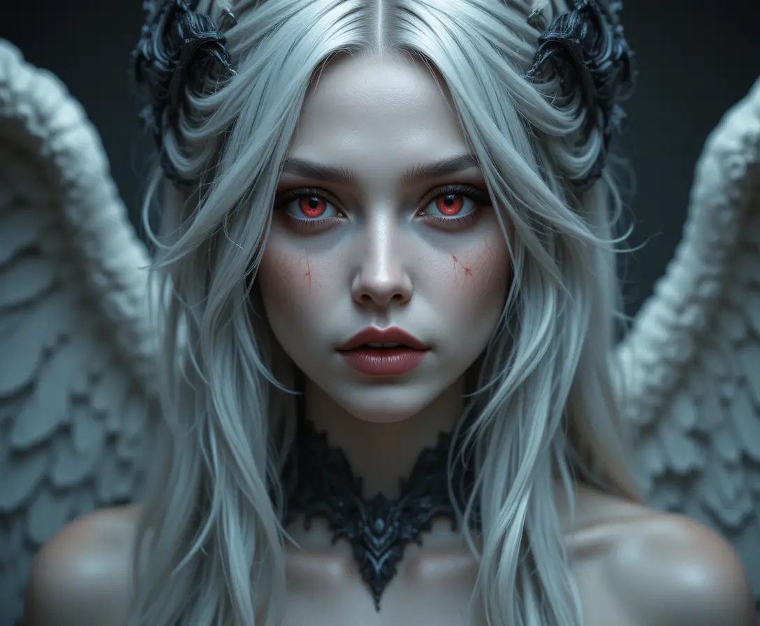 Haunting fallen angel woman with red hair and glowing eyes