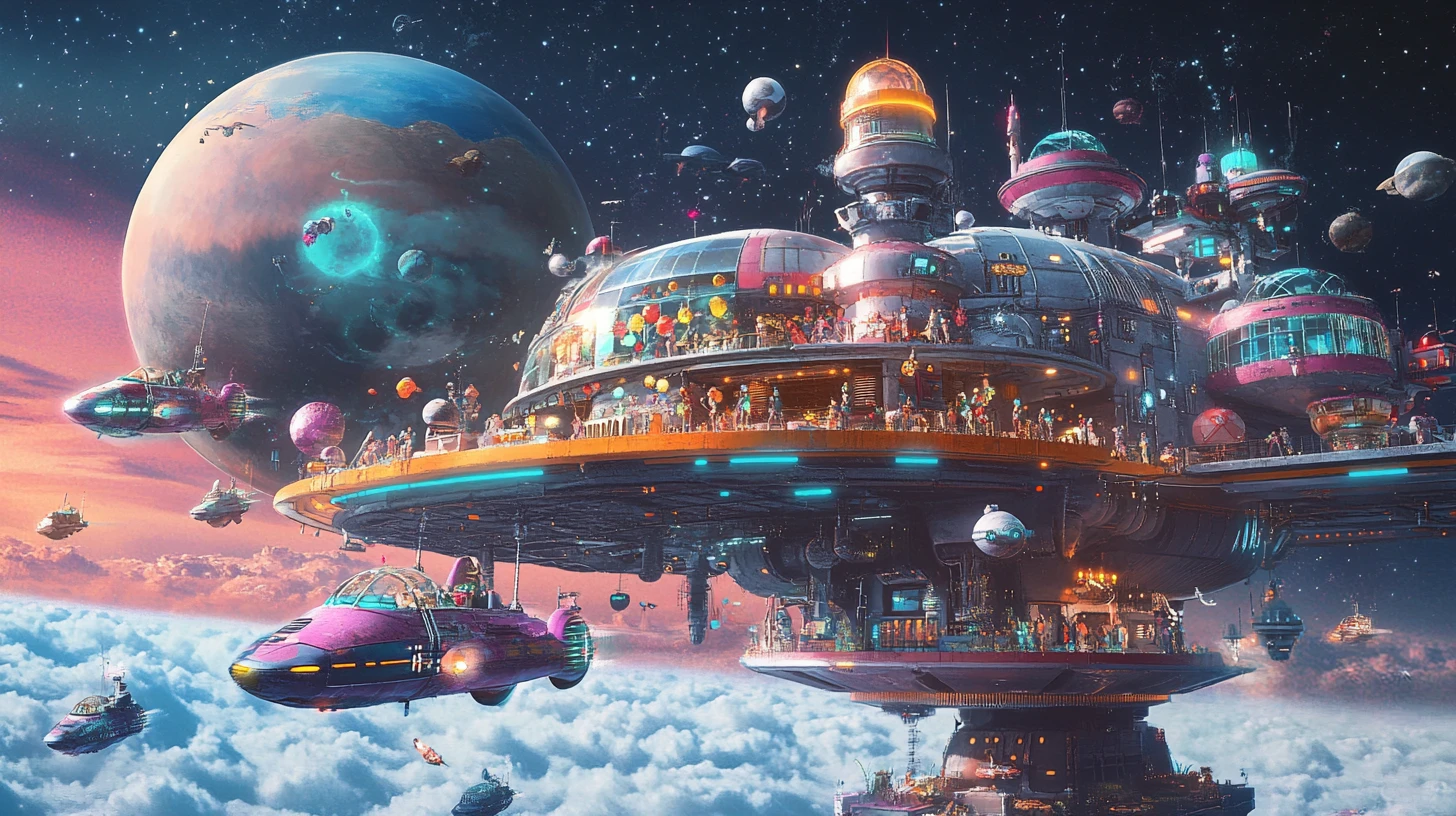 Café spatial rétro animé sur une plateforme orbitale