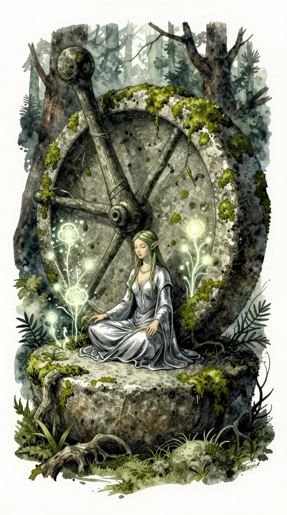 Elfa meditando sobre una piedra ancestral en un bosque encantado