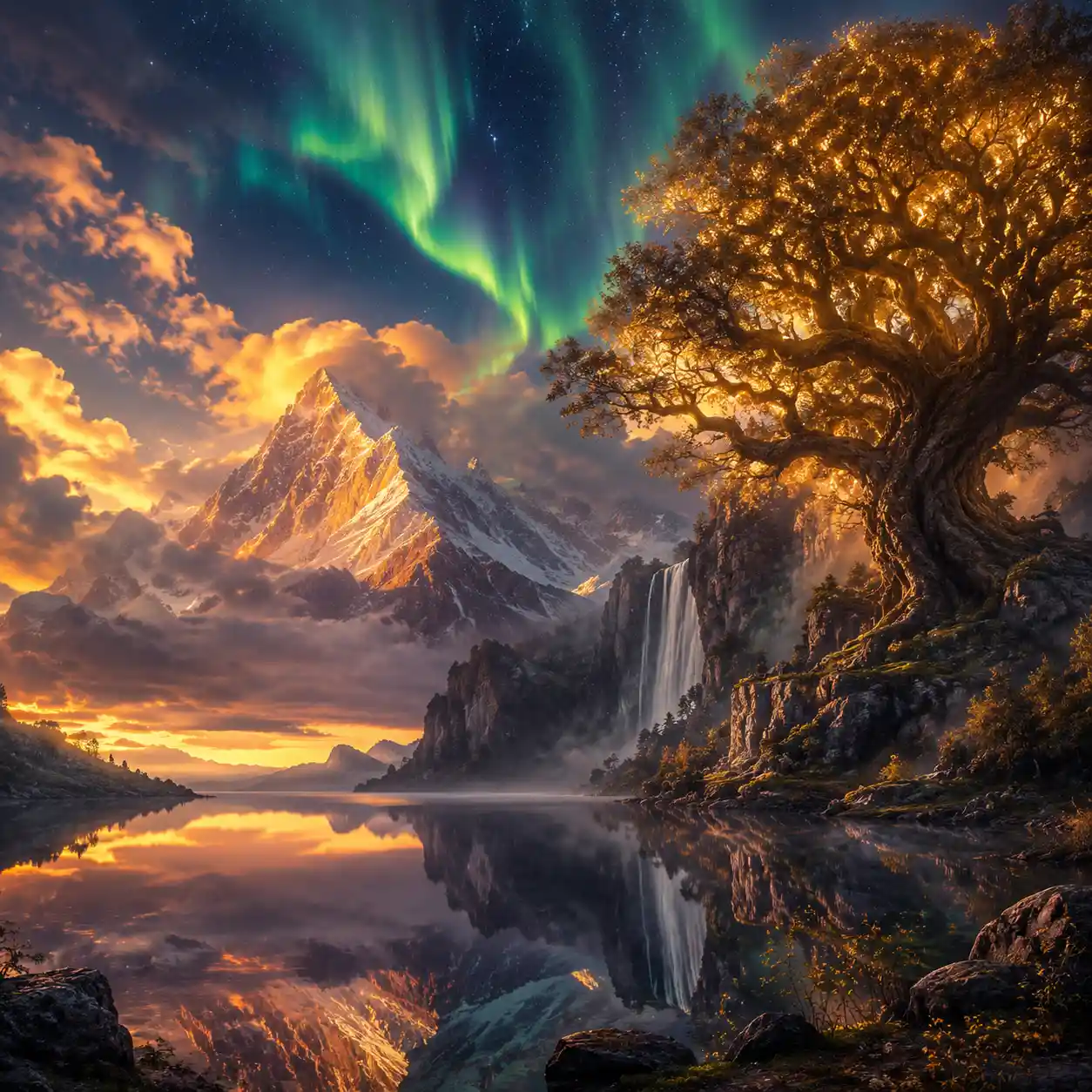 Epische Fantasy-Berge, die sich bei Sonnenuntergang im Kristallsee spiegeln