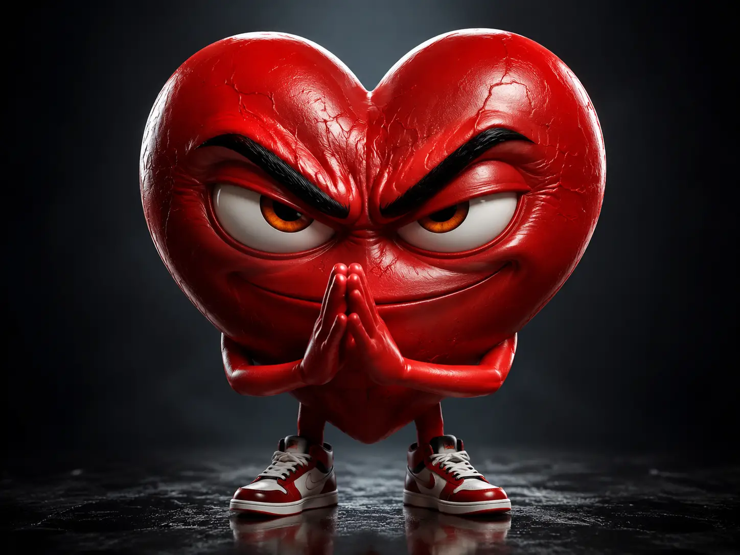 Personnage de cœur 3D espiègle avec regard malicieux et calculateur