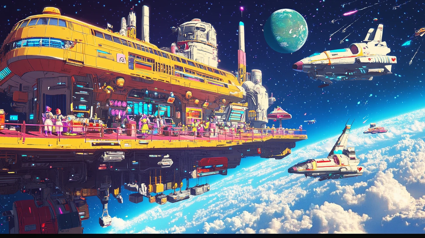 Cafetería espacial retro futurista en una plataforma orbital