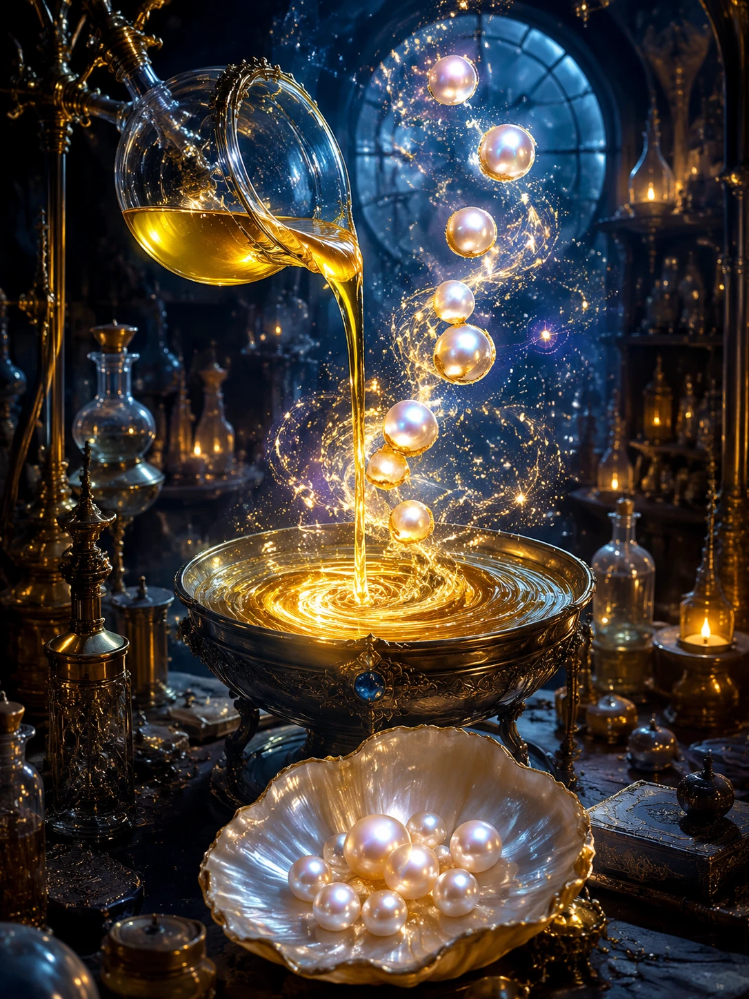 Oro liquido che si trasforma in perle luminose in un laboratorio di alchimia