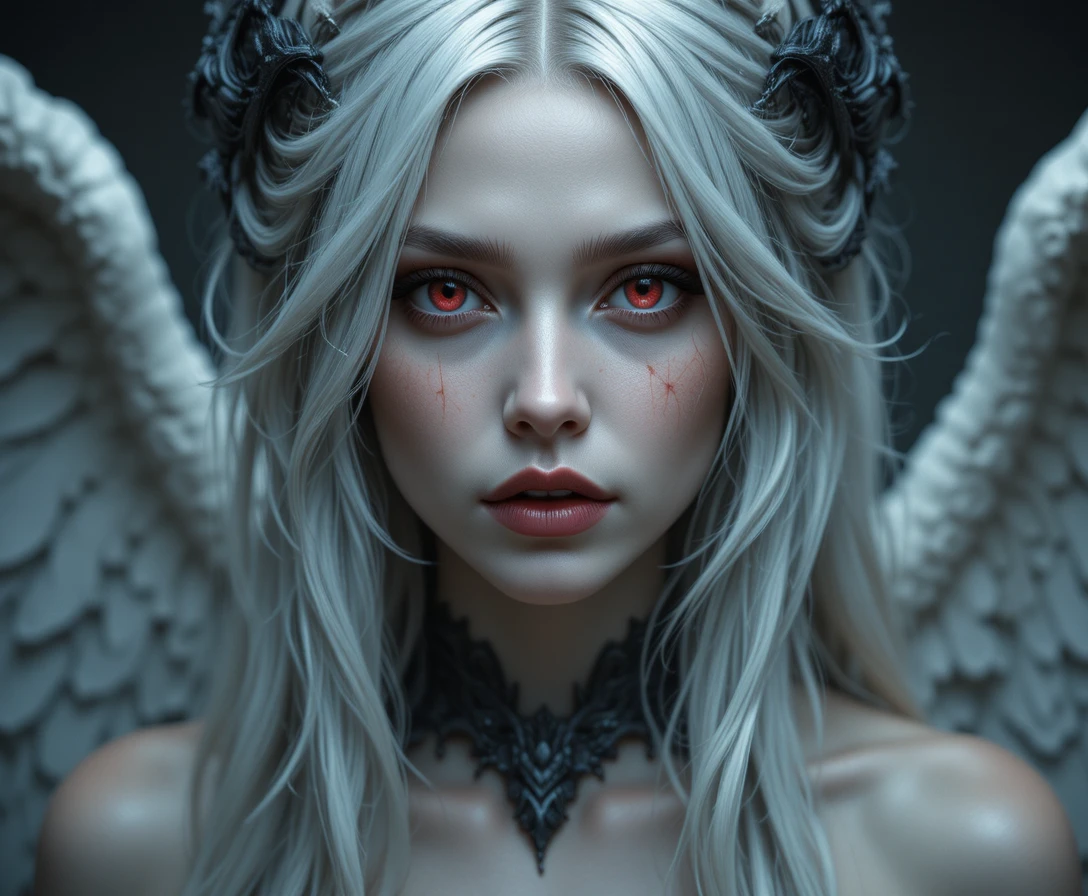 Haunting fallen angel woman with red hair and glowing eyes