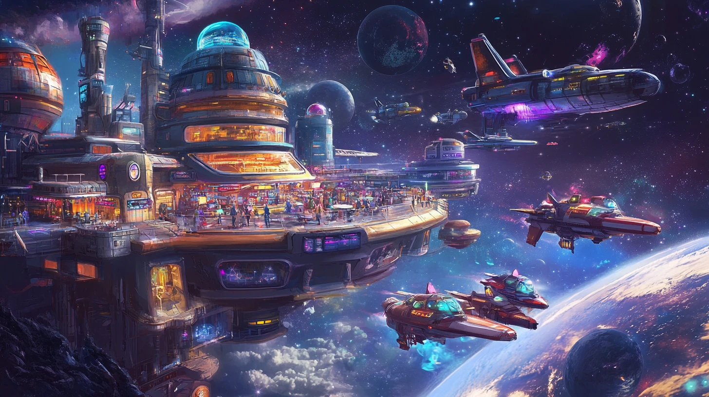 Cafeteria espacial retrô futurista movimentada acima de um planeta distante