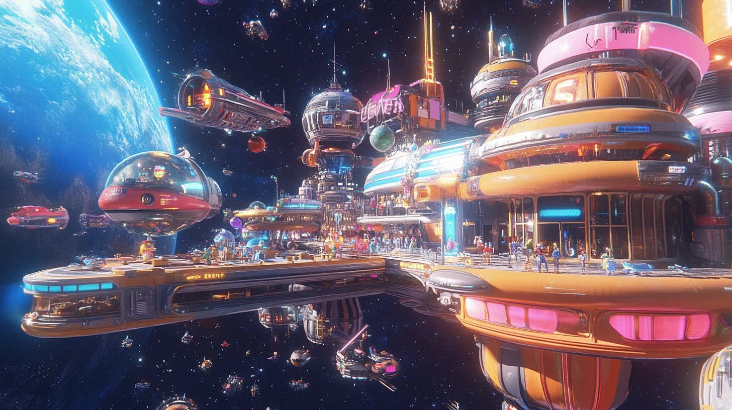 Cafeteria espacial retrô movimentada em órbita bem acima de um planeta distante