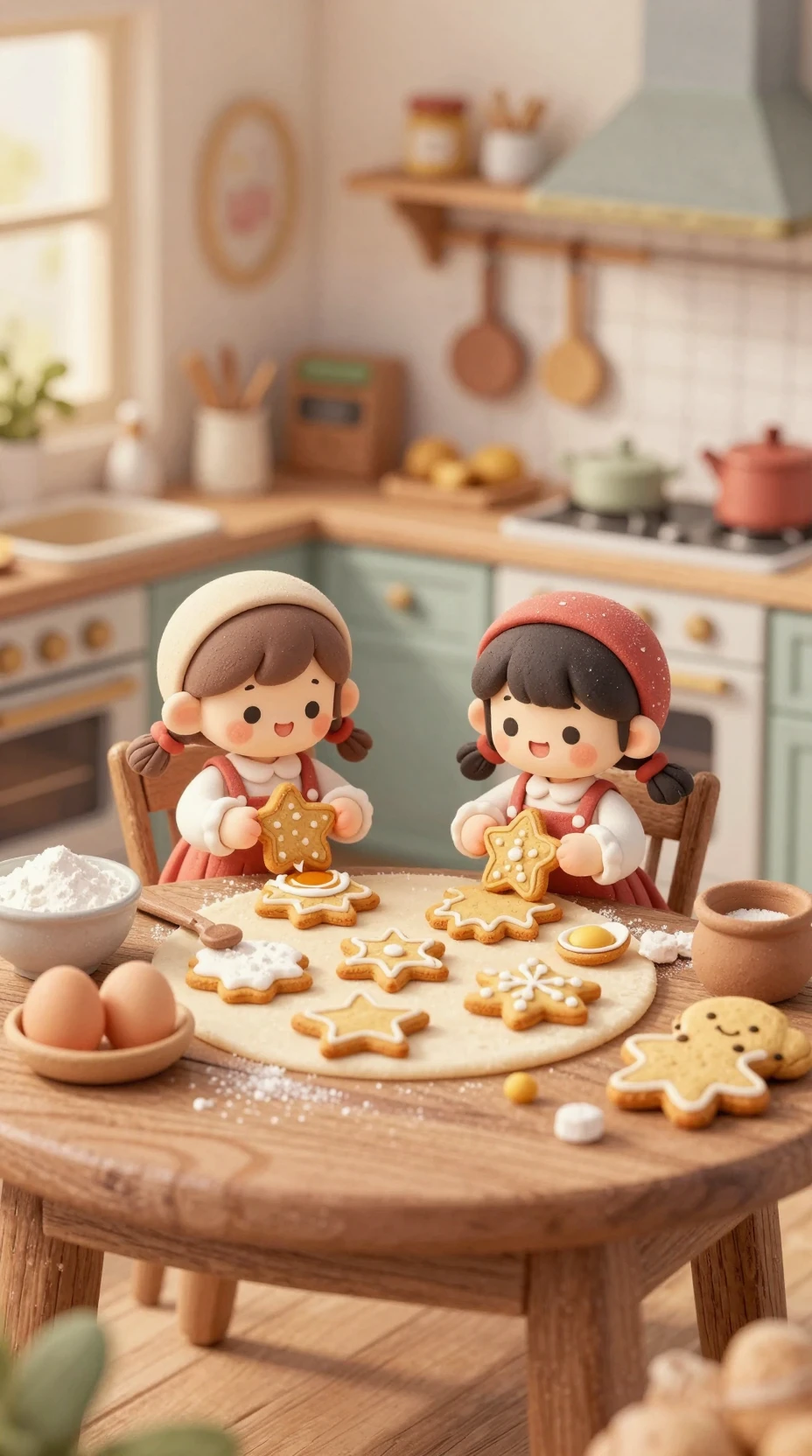 Meninas em miniatura assando biscoitos de gengibre em uma cozinha retrô aconchegante