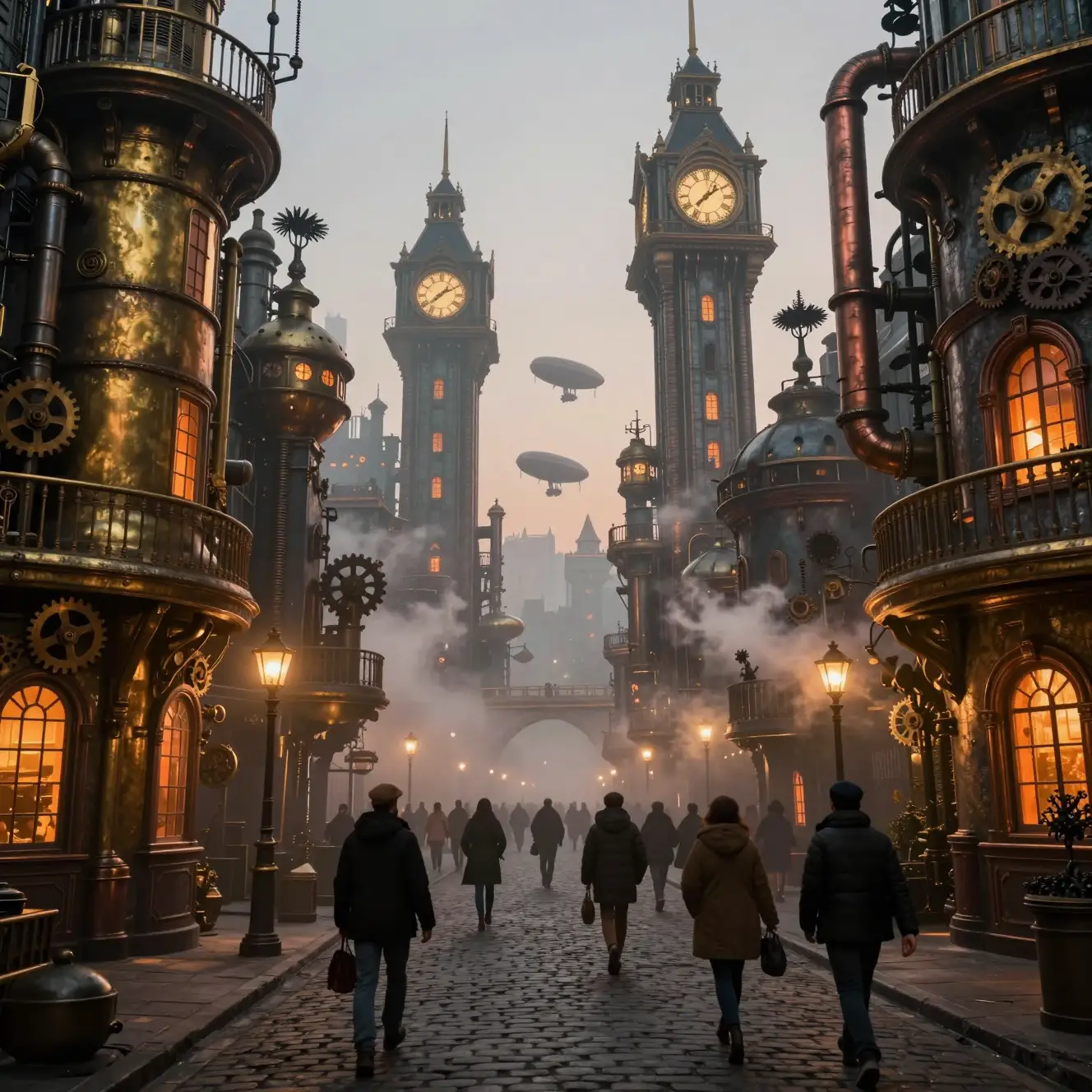 Rua de cidade steampunk ao anoitecer com lampiões a gás brilhantes
