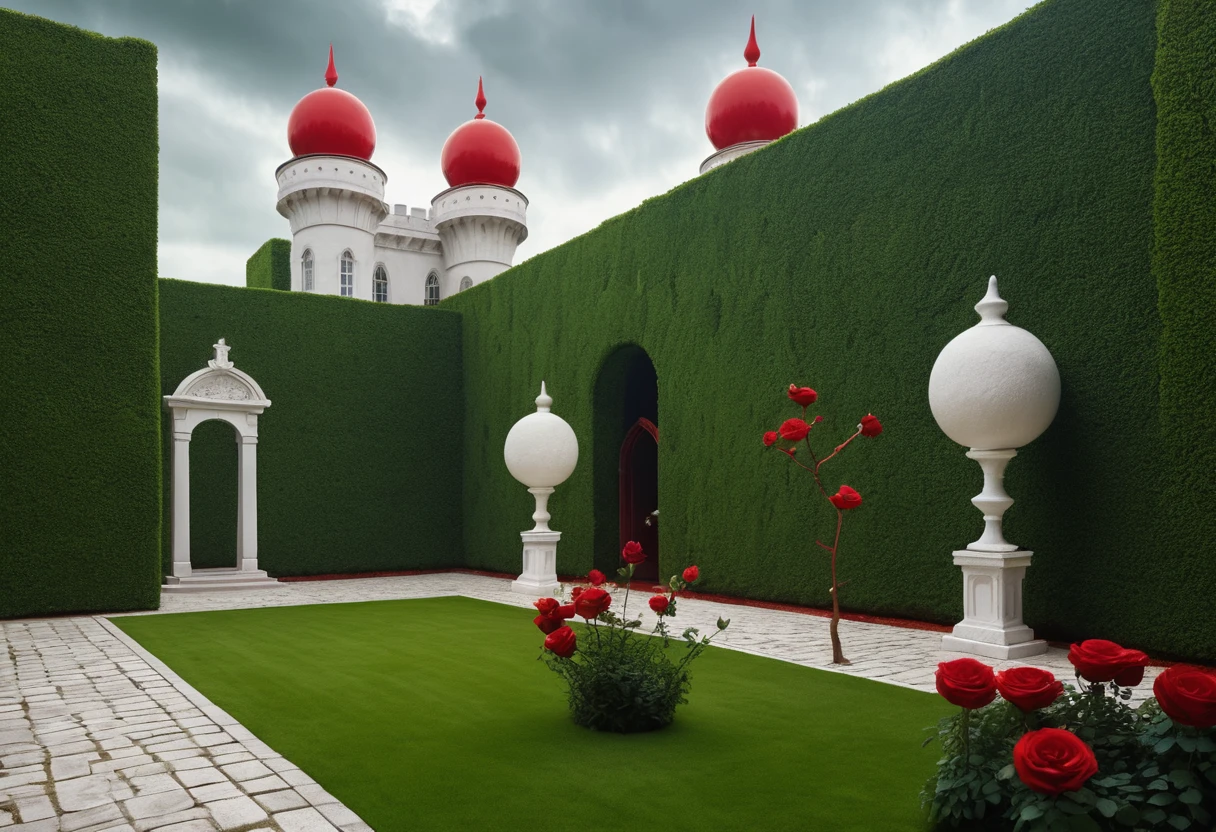 Cour royale surréaliste avec sphères vertes et château à dômes rouges
