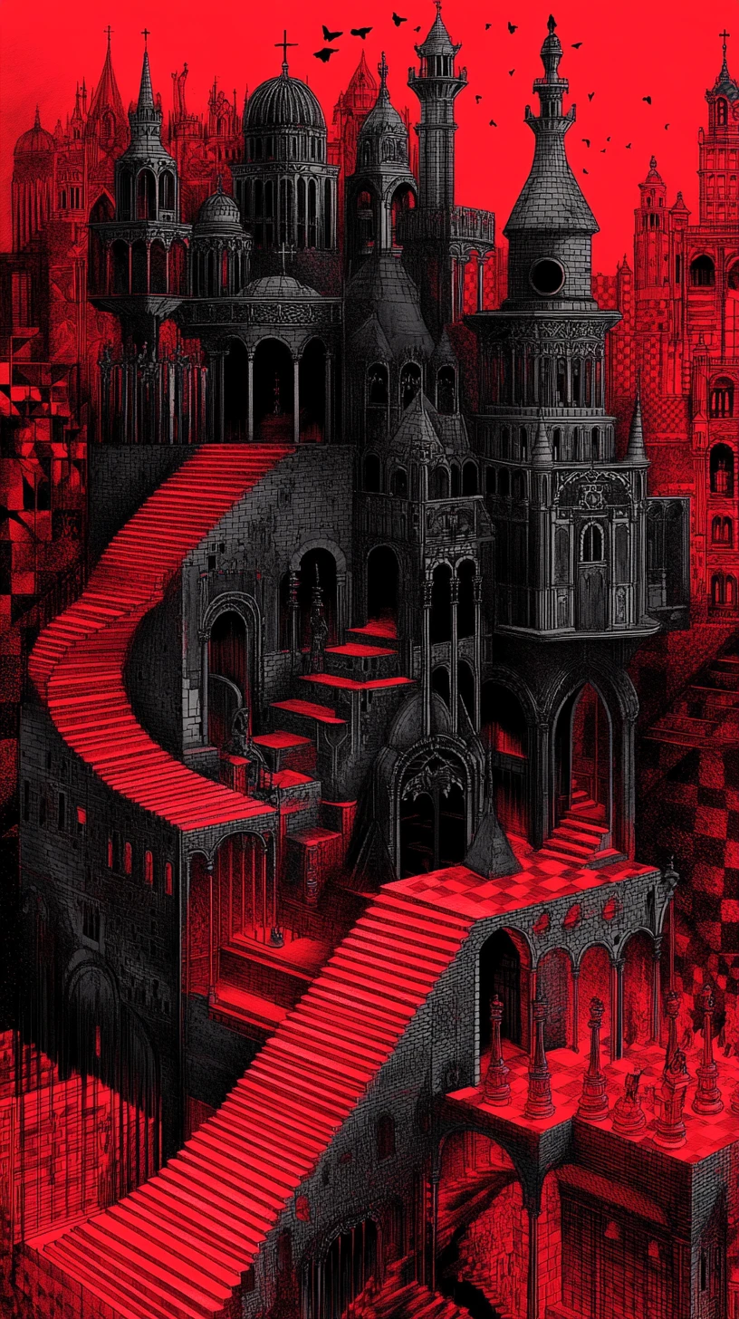 Château Surréaliste en Pièces d’Échecs dans une Architecture Infinie à la Escher