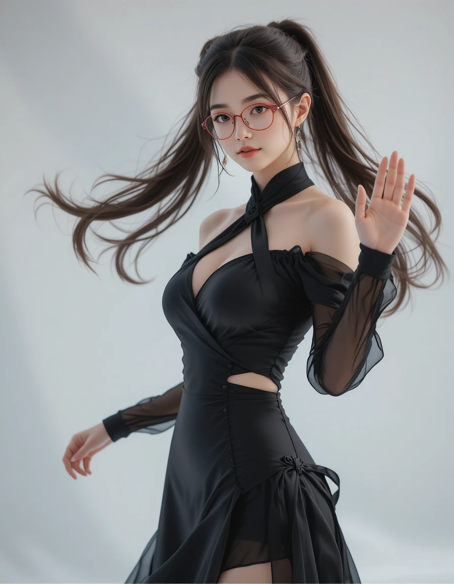 エレガントな黒のファンタジーファッションドレスの日本人ヒロイン