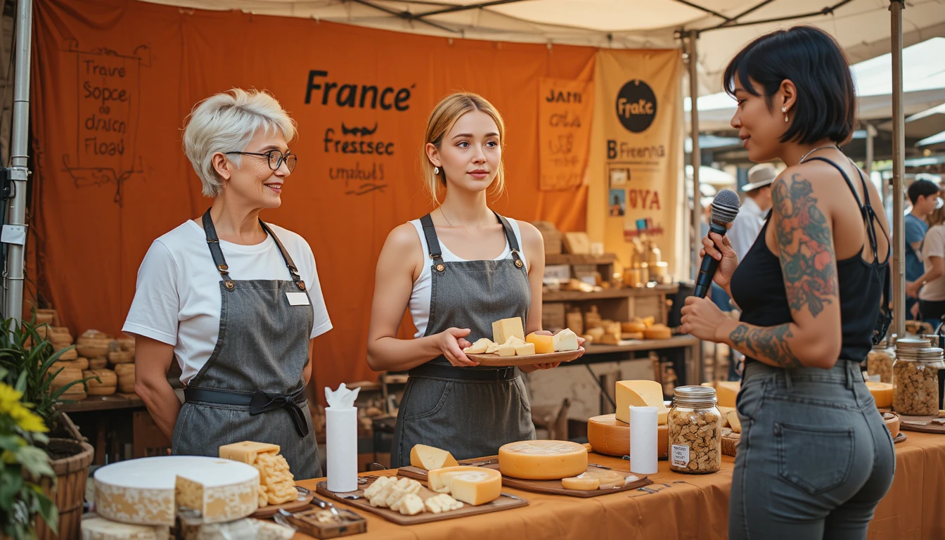 Frauen präsentieren Käseproben an einem Marktstand im Freien