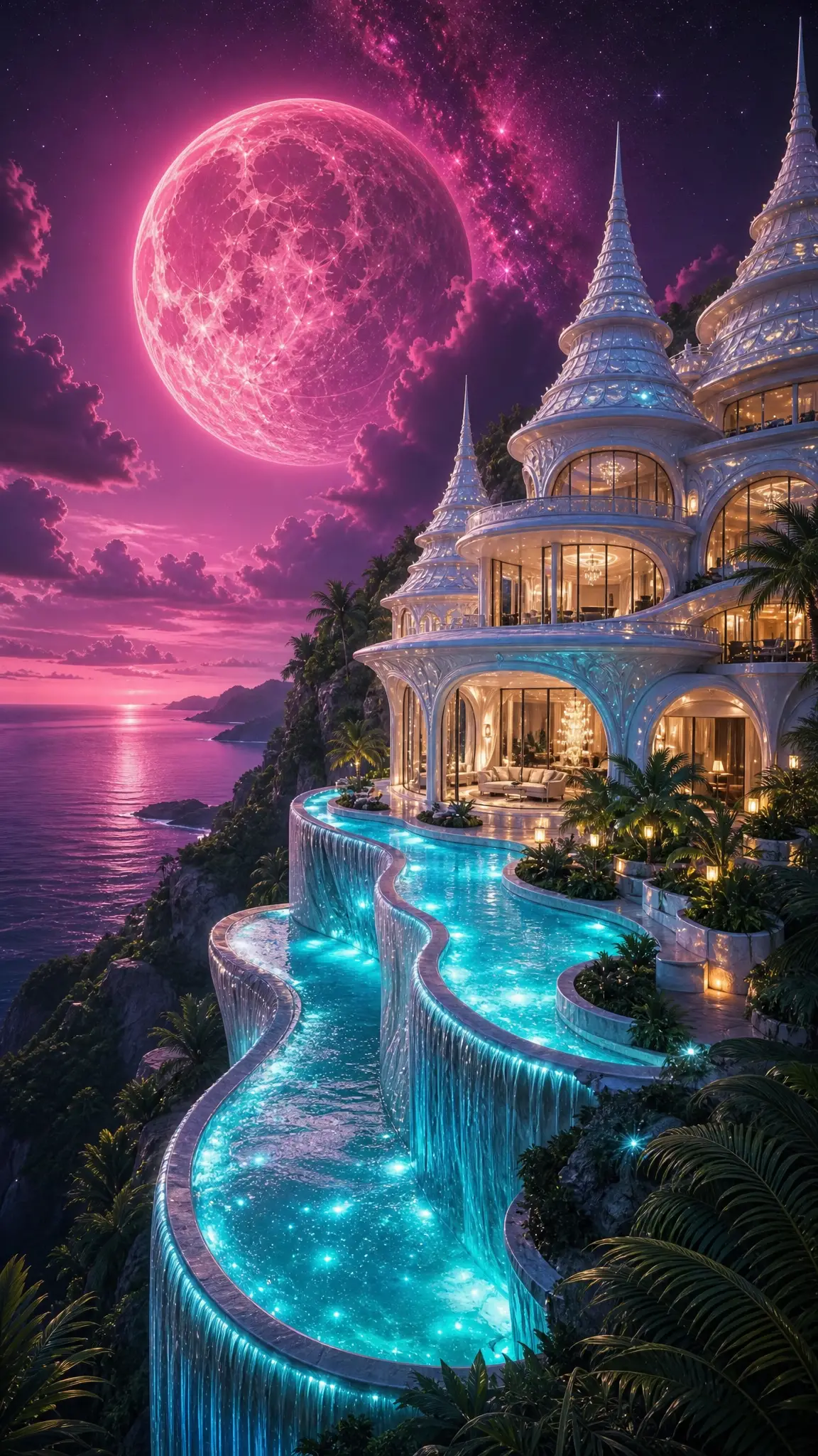 Guglia biomorfica futuristica sopra una piscina nella giungla tropicale