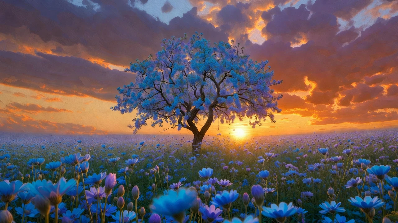 Albero in fiore blu e viola in un vasto prato al tramonto