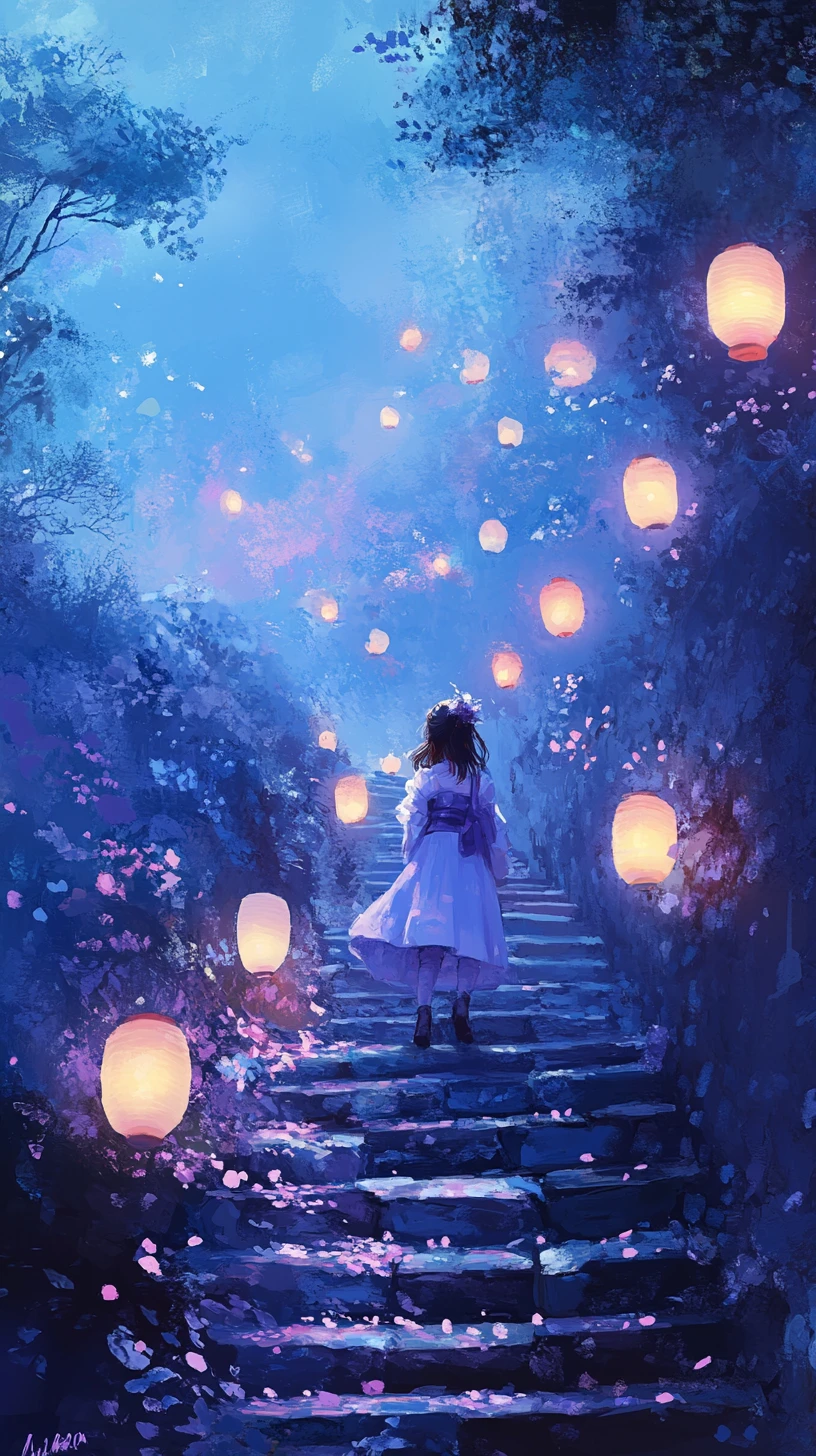 Junges Mädchen im Hanbok auf einer von Laternen erleuchteten Steintreppe