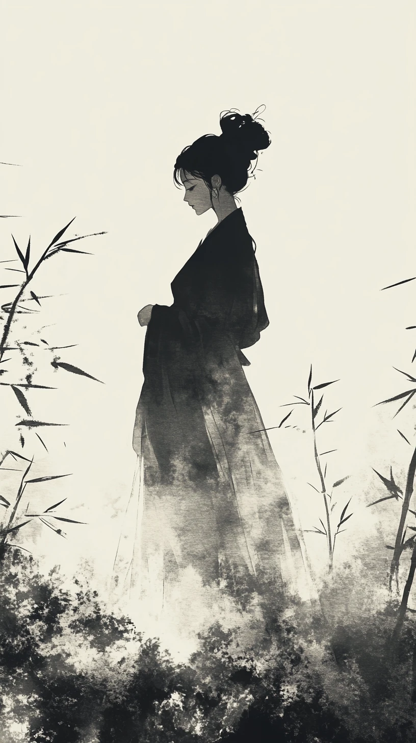 Mulher elegante em tinta chinesa em floresta de bambu
