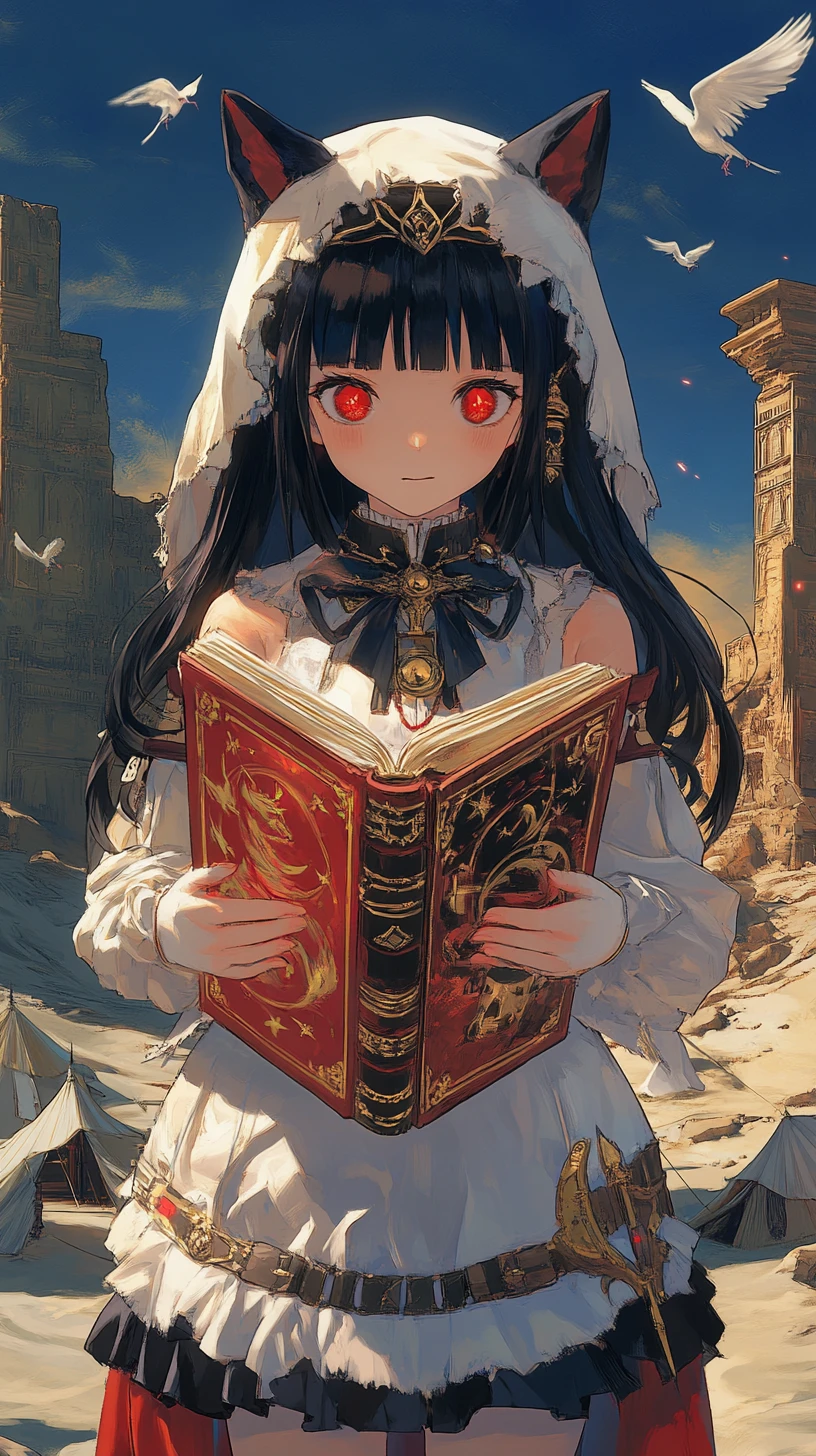Ragazza con libro demoniaco davanti a un castello in rovina al crepuscolo