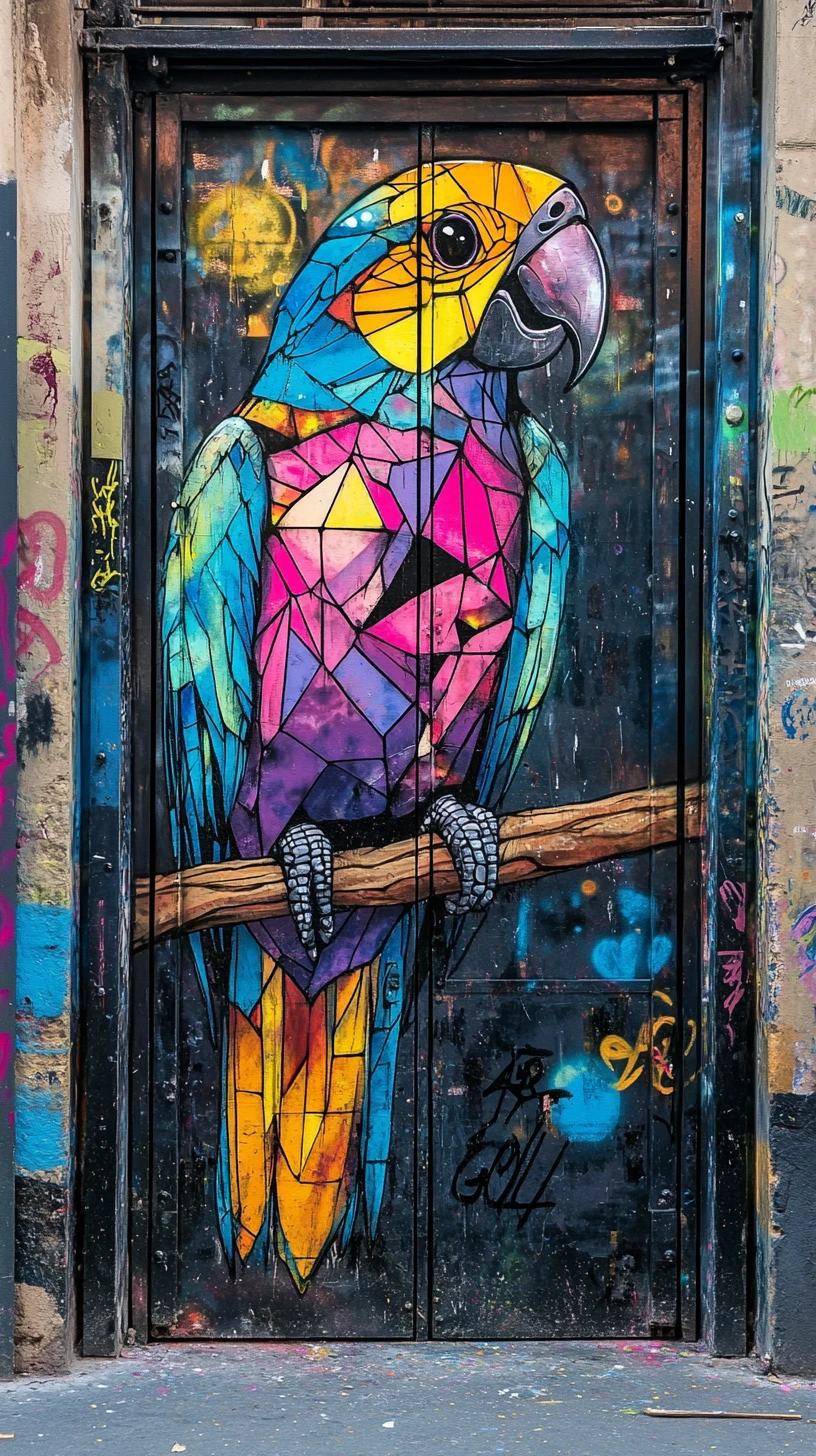 Mural colorido de loro en puertas metálicas urbanas con grafiti