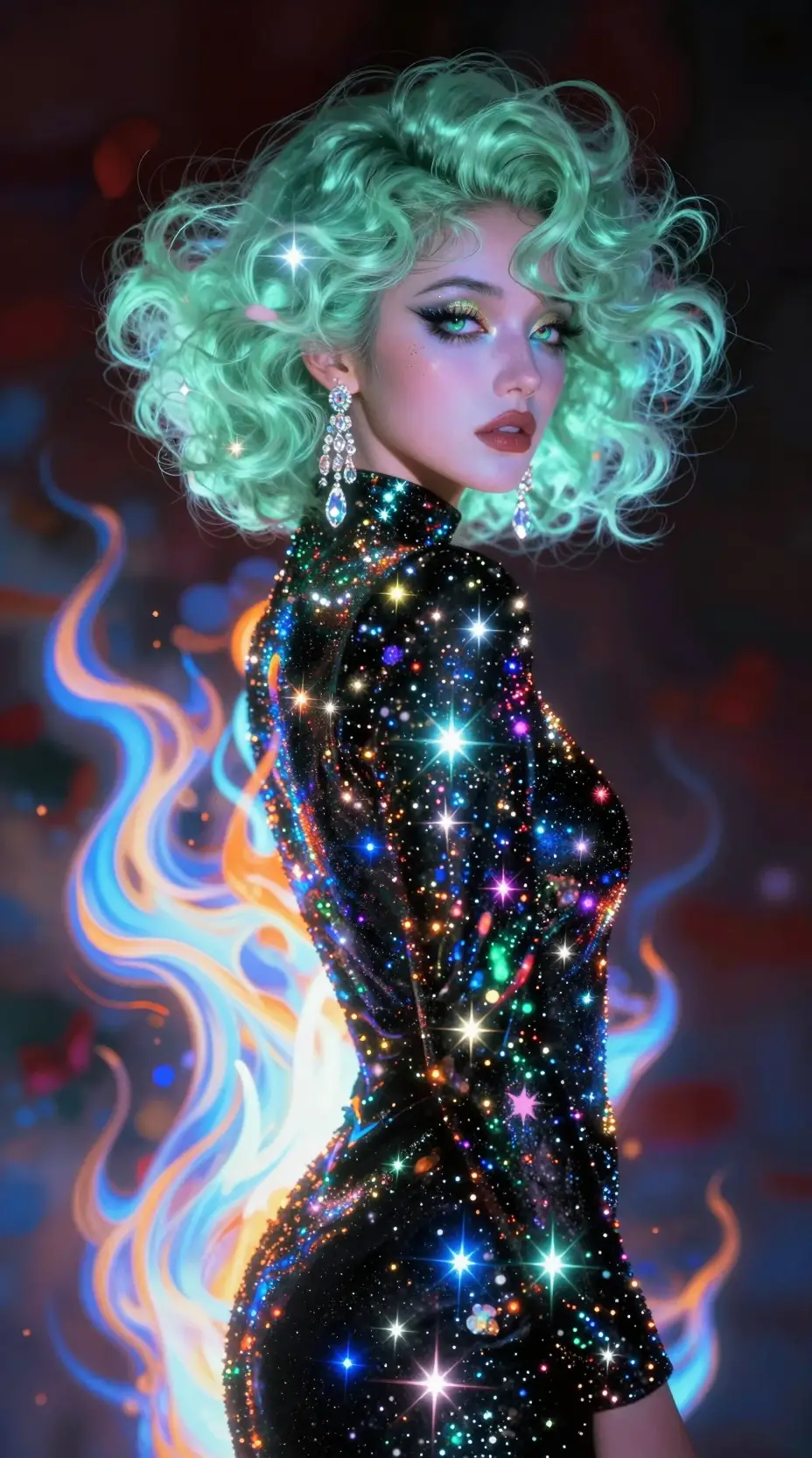 Celestial woman in neon flames with starry black dress
