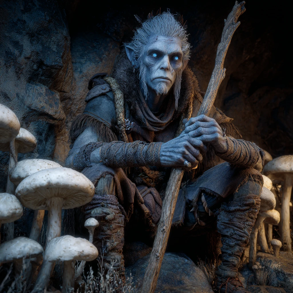 Druida de fantasia sombria com cajado em caverna sombria