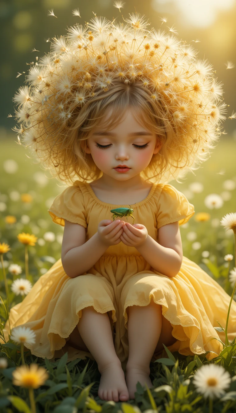 陽光草地上擁有蒲公英頭髮的奇幻少女