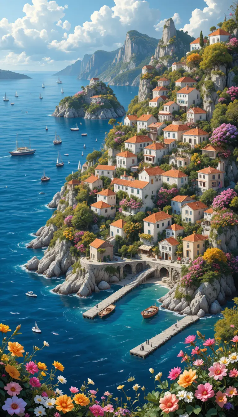 Village côtier estival féerique au bord de l’océan avec des fleurs