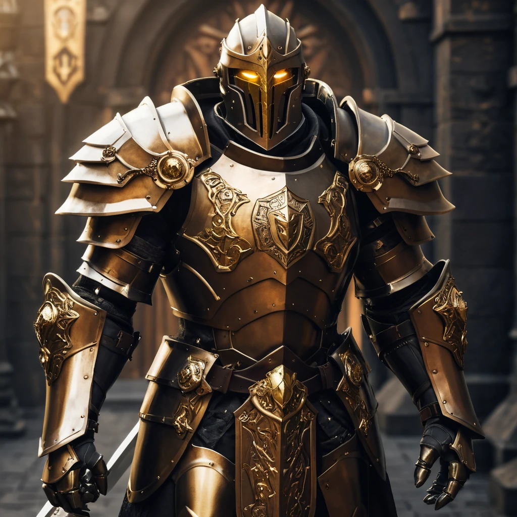 Warforged-Paladin in bronzener Rüstung mit Schwert und Schild