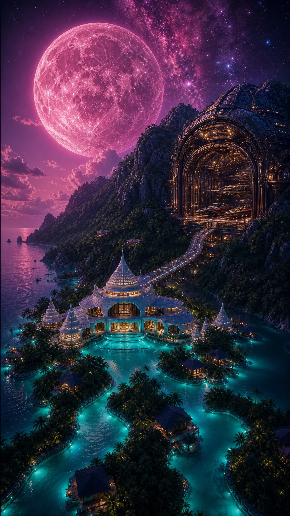 Resort tropicale futuristico sotto una luna nebulosa luminosa