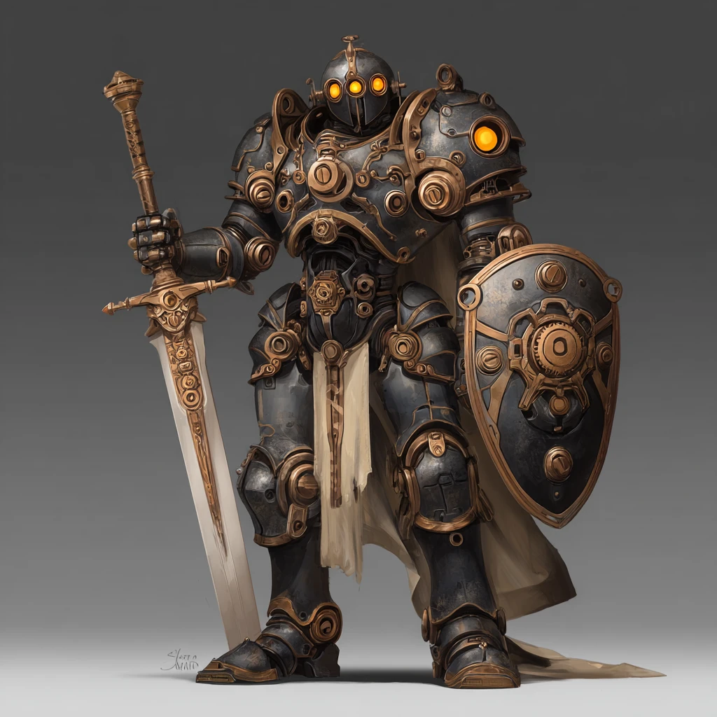 Paladin forgé de guerre en armure steampunk de bronze aux yeux dorés