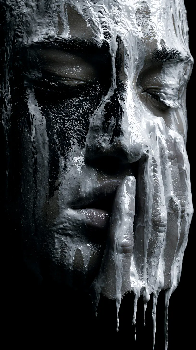 Portrait en gros plan avec liquide blanc dégoulinant sur le visage