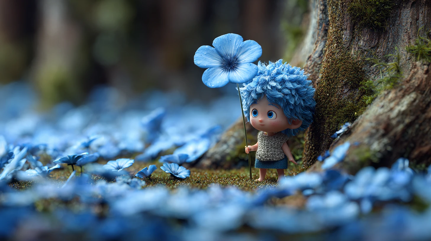 Tiny blue furry creature under a single forest flower