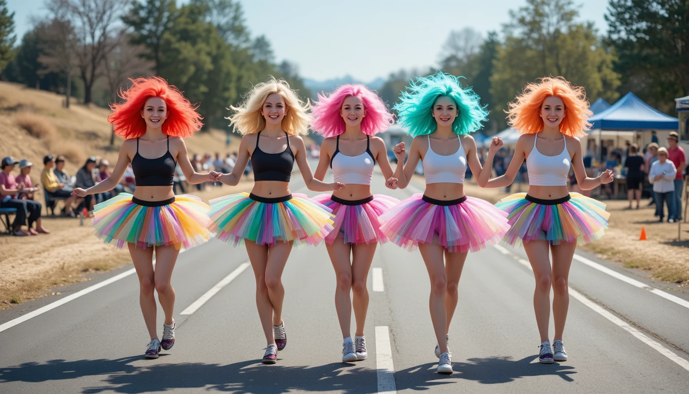 Frauen mit bunten Perücken und Tutus tanzen bei Straßenrand-Event