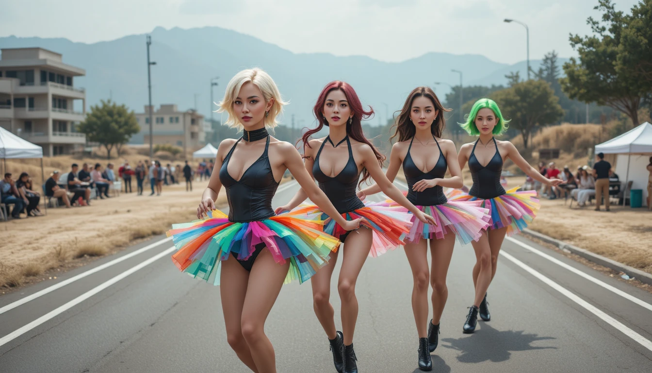 Duas mulheres de ficção científica em degraus de concreto na cidade futurista