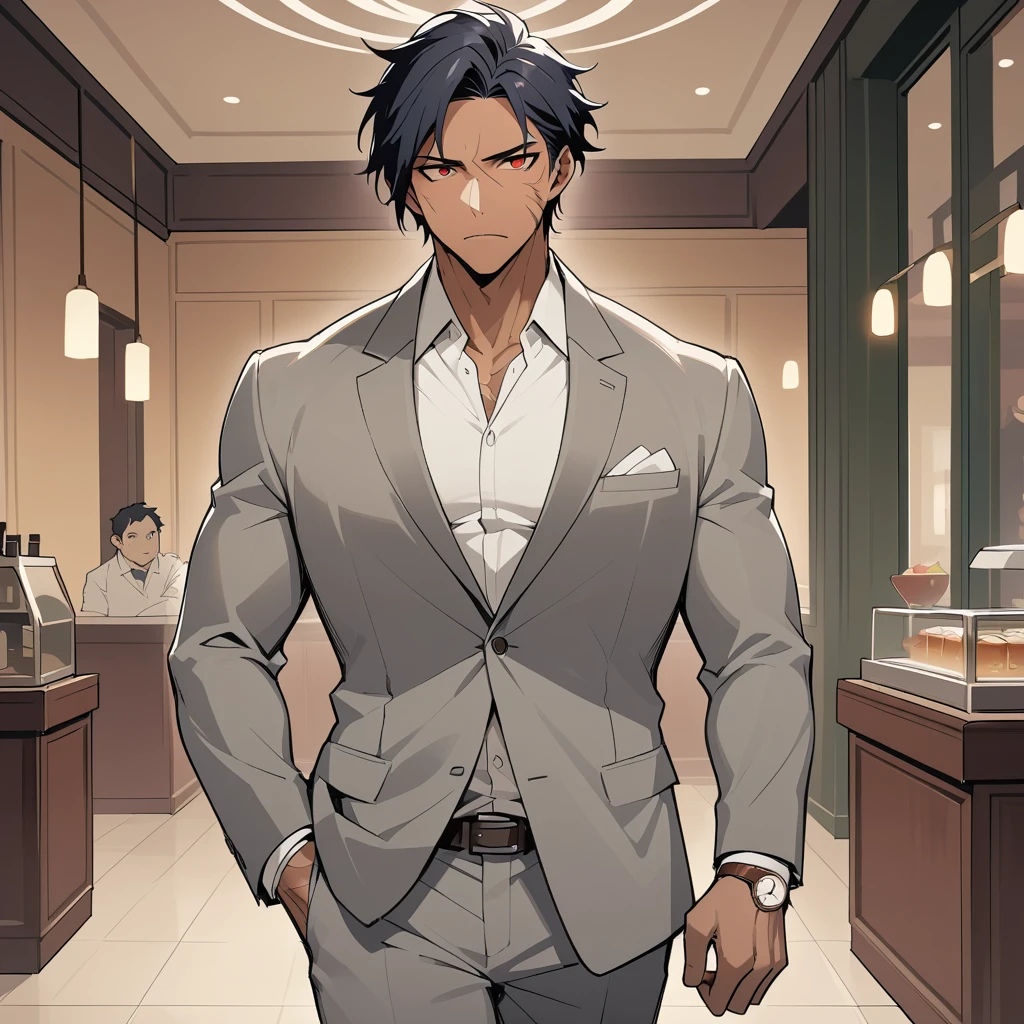 Scarred middle aged man in suit standing in restaurant lobby