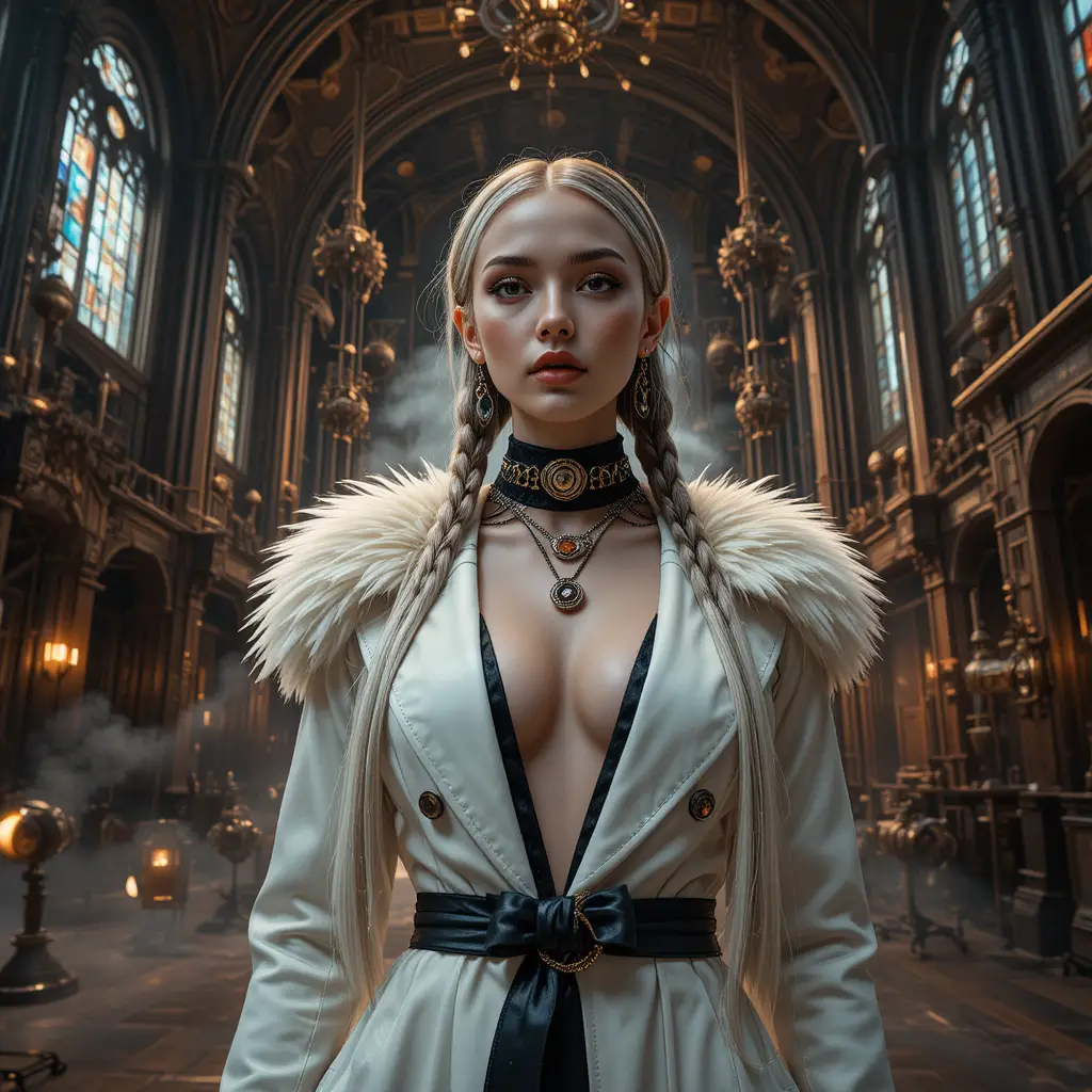 蒸汽龐克大教堂棚內的賽博龐克時尚女子
