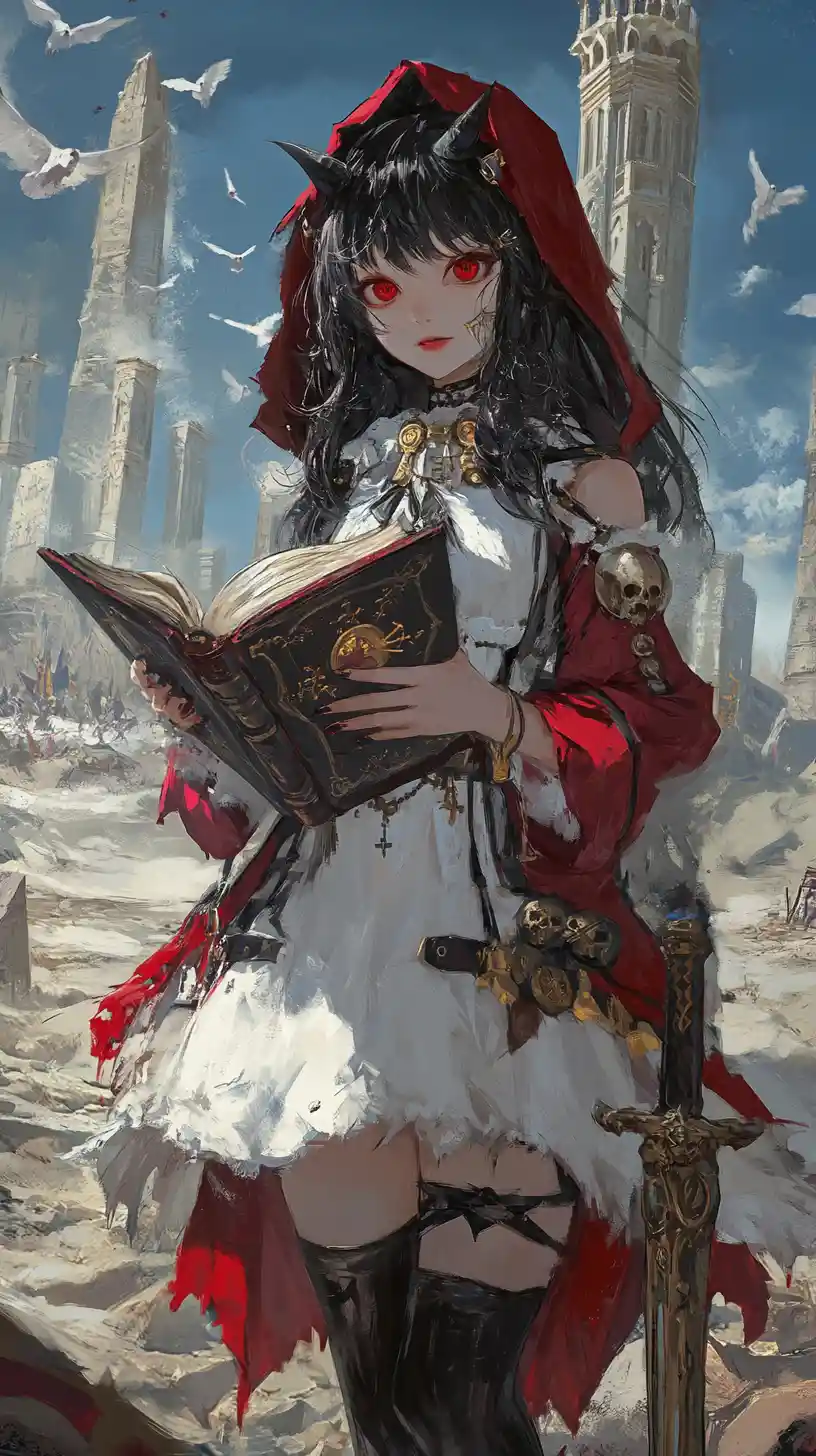 Ragazza anime con libro demoniaco davanti a un castello in rovina nel deserto al crepuscolo