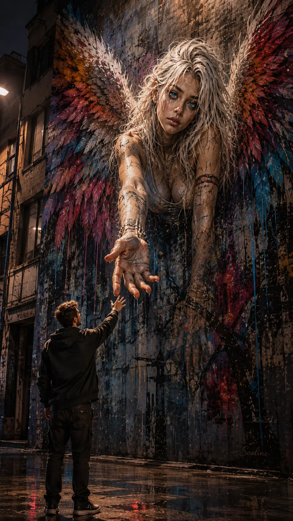 Graffiti de anjo alcançando um homem na rua